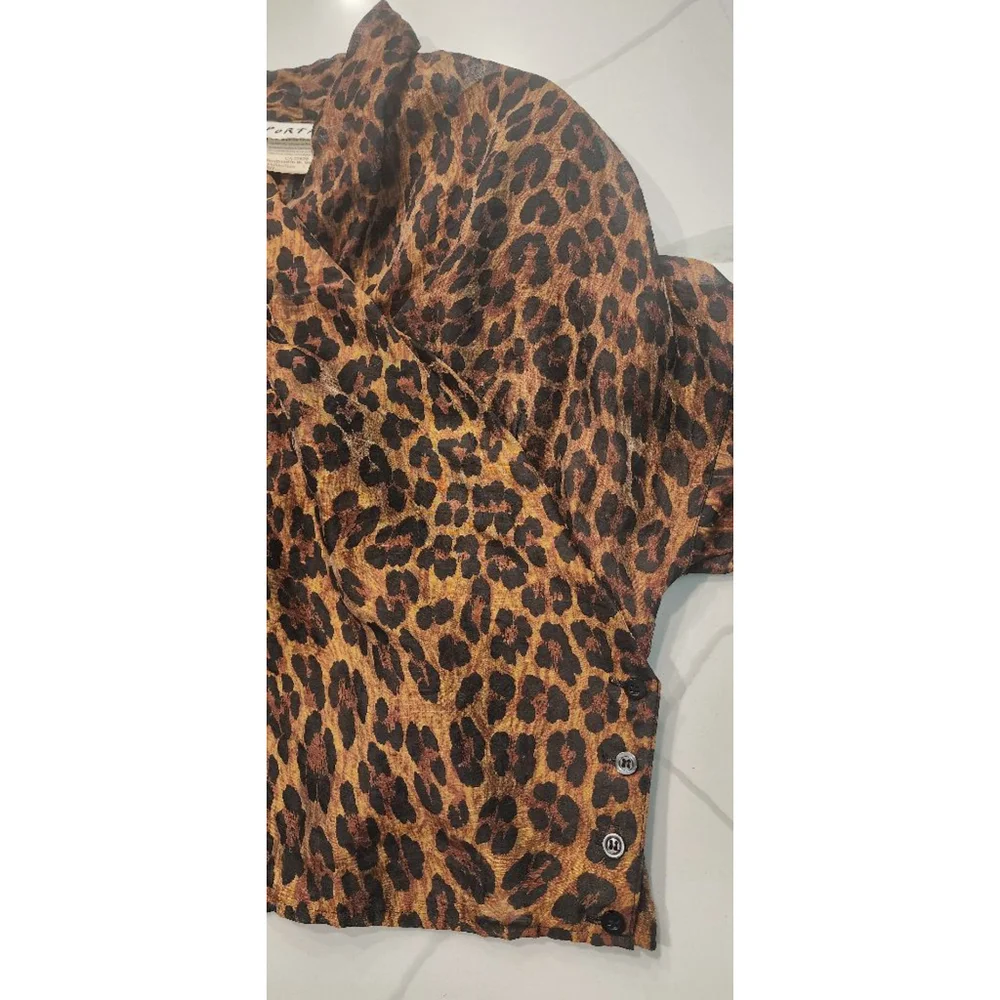 Vintage 80s Portara Leopard Print Sheer Wrap Blouse Size S 38 German Designer